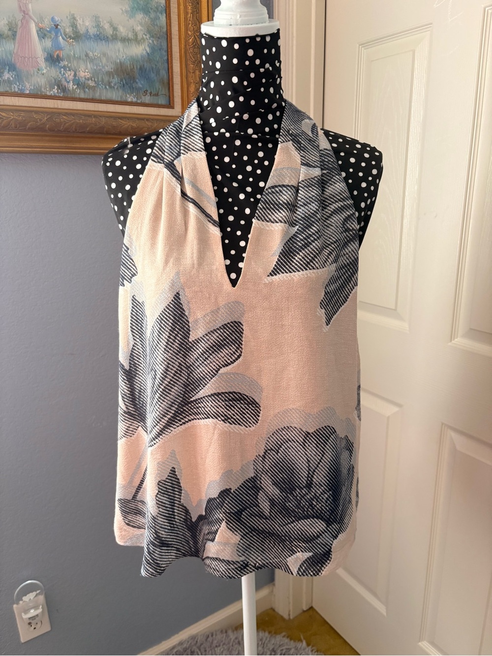 Donna Karan Peach and Navy Floral Halter Scarf Top